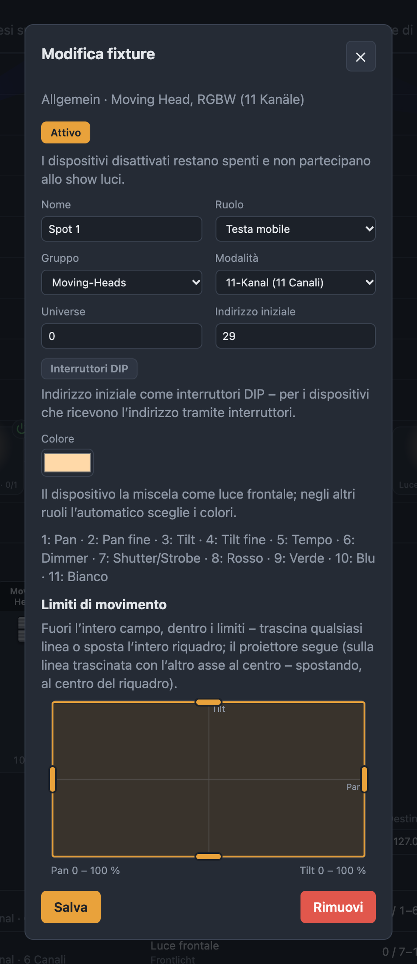 Modulo di una testa mobile con nome, ruolo, gruppo, modalità, universe, indirizzo iniziale, colore e limiti di movimento