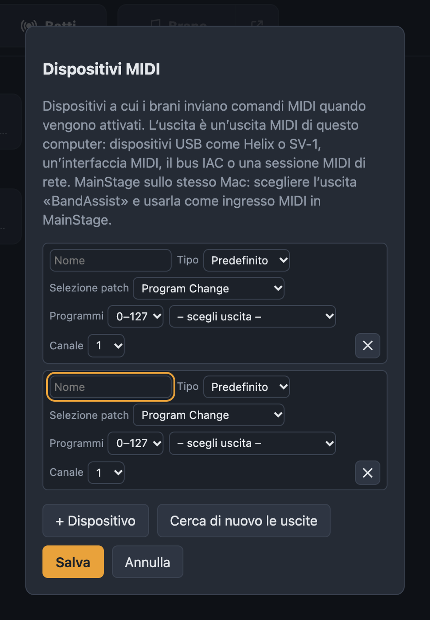 Finestra Dispositivi MIDI con nome, tipo, selezione patch, uscita e canale