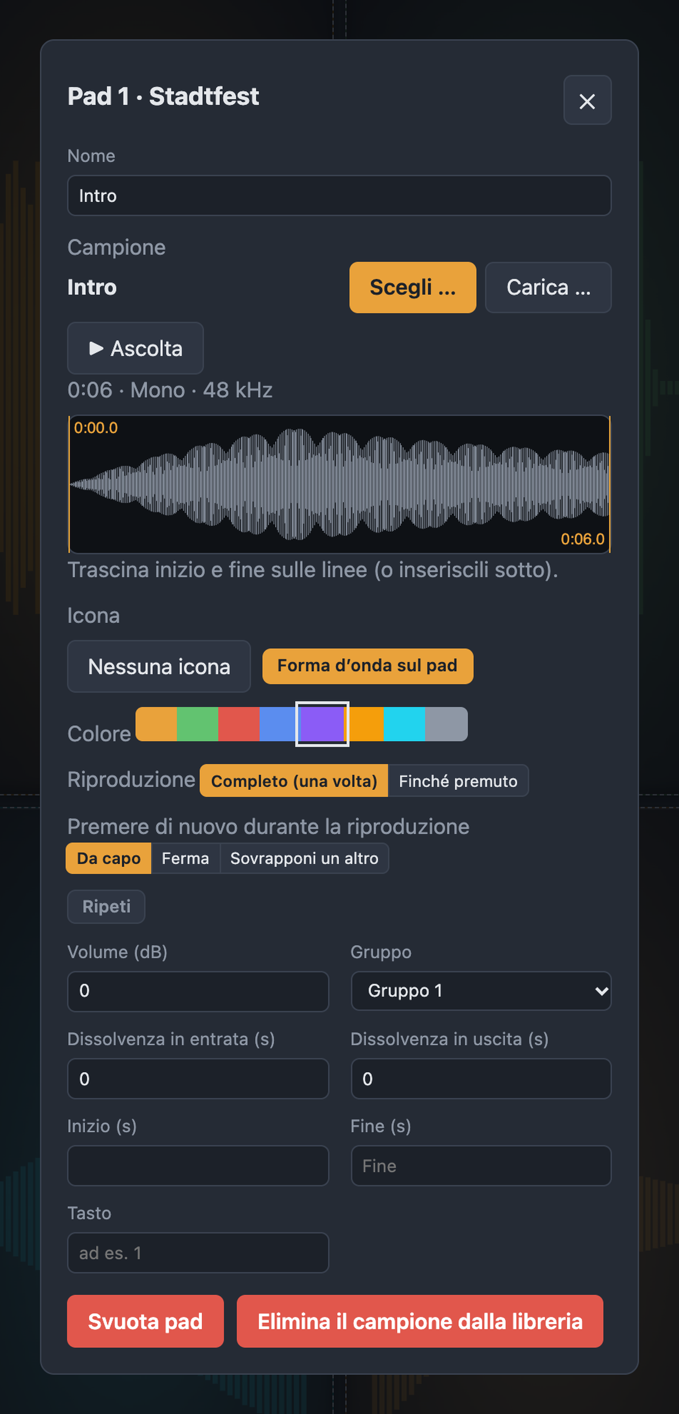 Finestra del pad con campione, forma d'onda, riproduzione, ripetizione, volume, gruppo e tasto