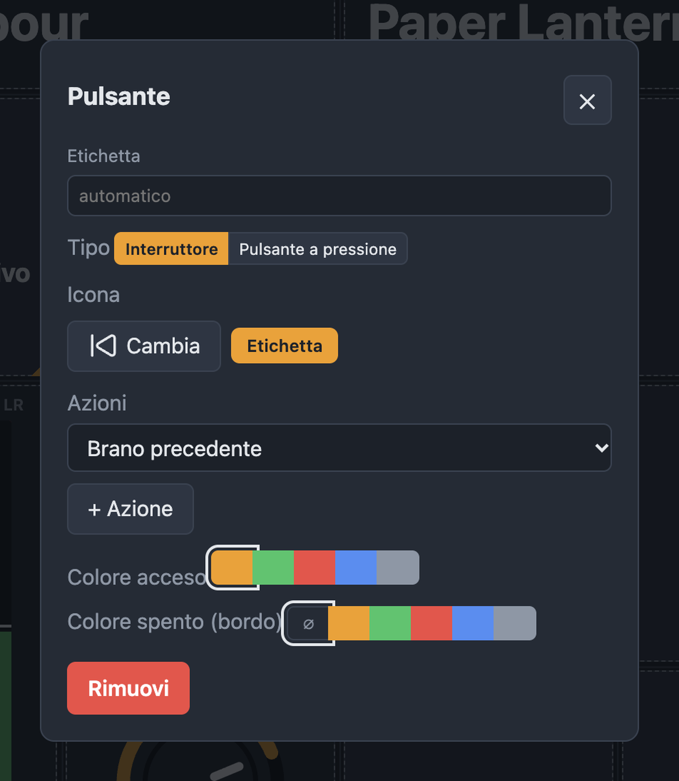 Finestra di un elemento con etichetta, tipo, icona, azioni e colori