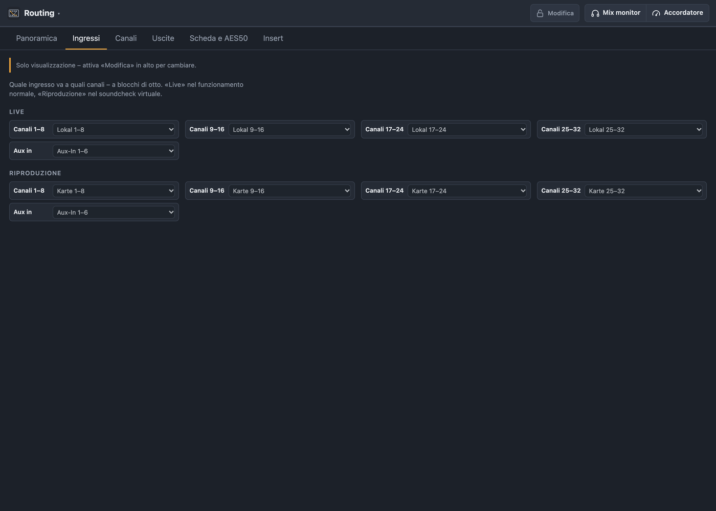 Routing Ingressi con blocchi da otto per live e riproduzione