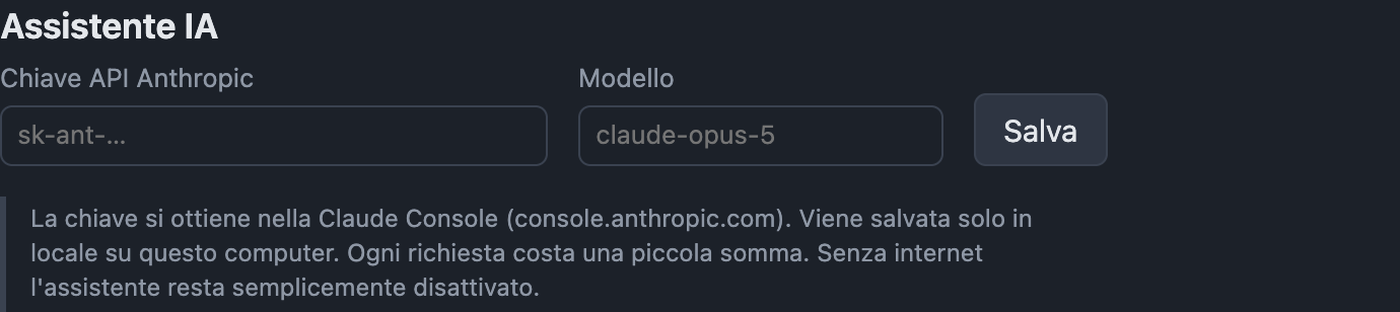Impostazioni IA con chiave API e modello