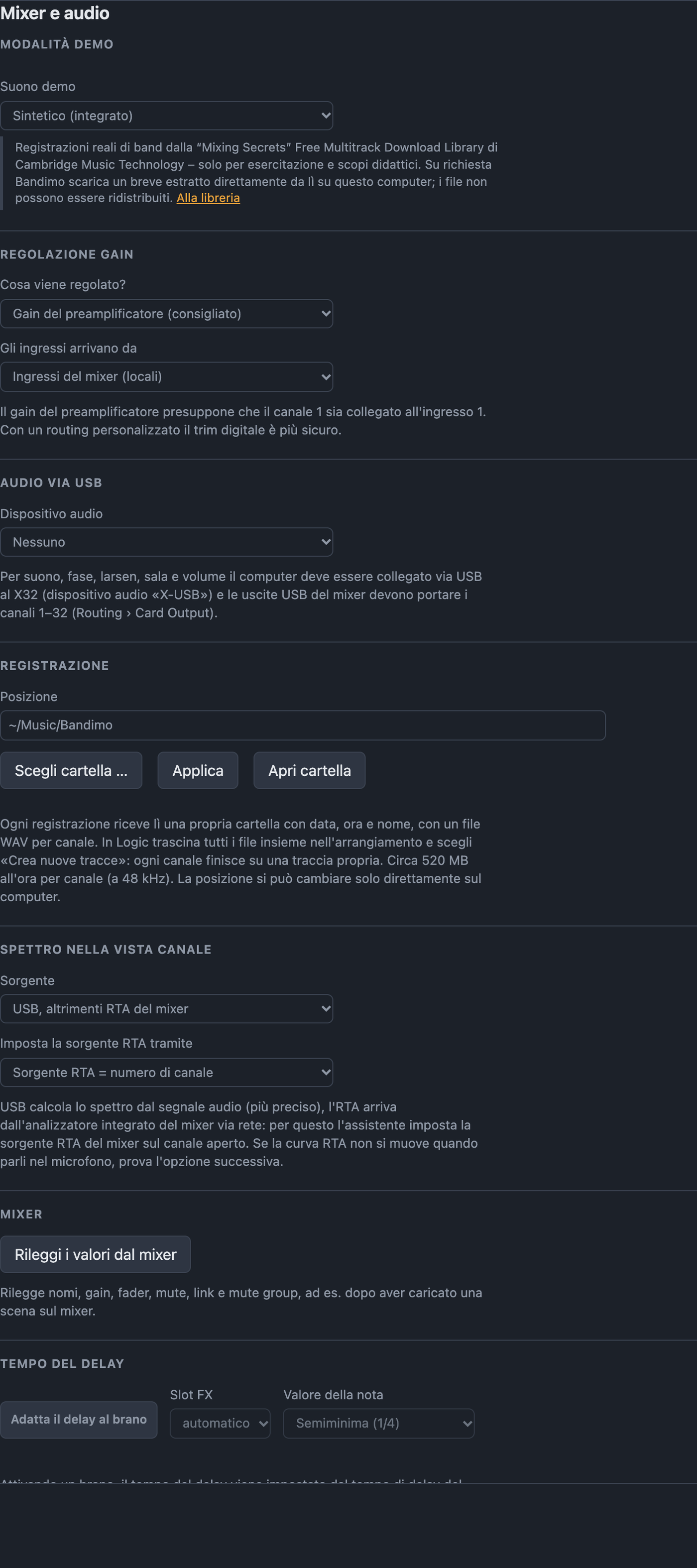 Impostazioni Mixer e audio