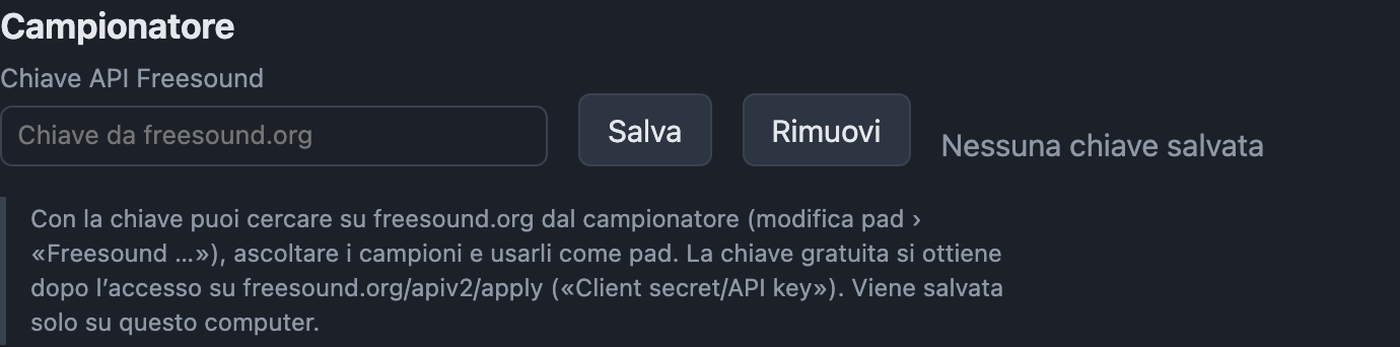 Impostazioni Campionatore con chiave API Freesound