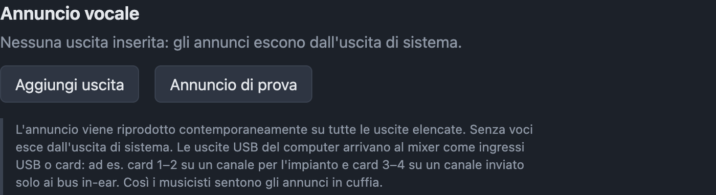 Impostazioni Annuncio vocale con uscite e annuncio di prova