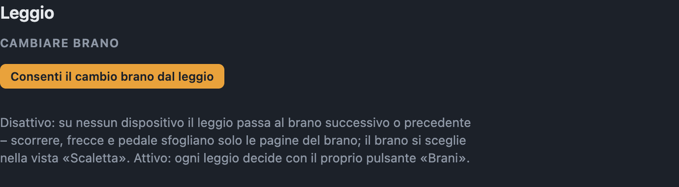 Impostazioni Leggio con Consenti il cambio brano dal leggio