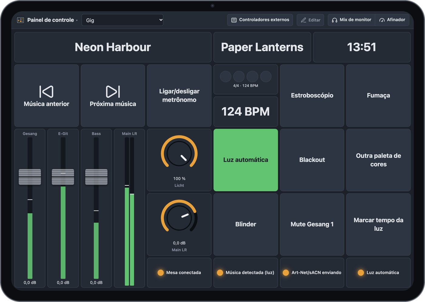 Painel de controle num iPad: título, próxima música, hora, botões para músicas, metrônomo, estroboscópio, fumaça, luz, faders, botões rotativos e indicadores