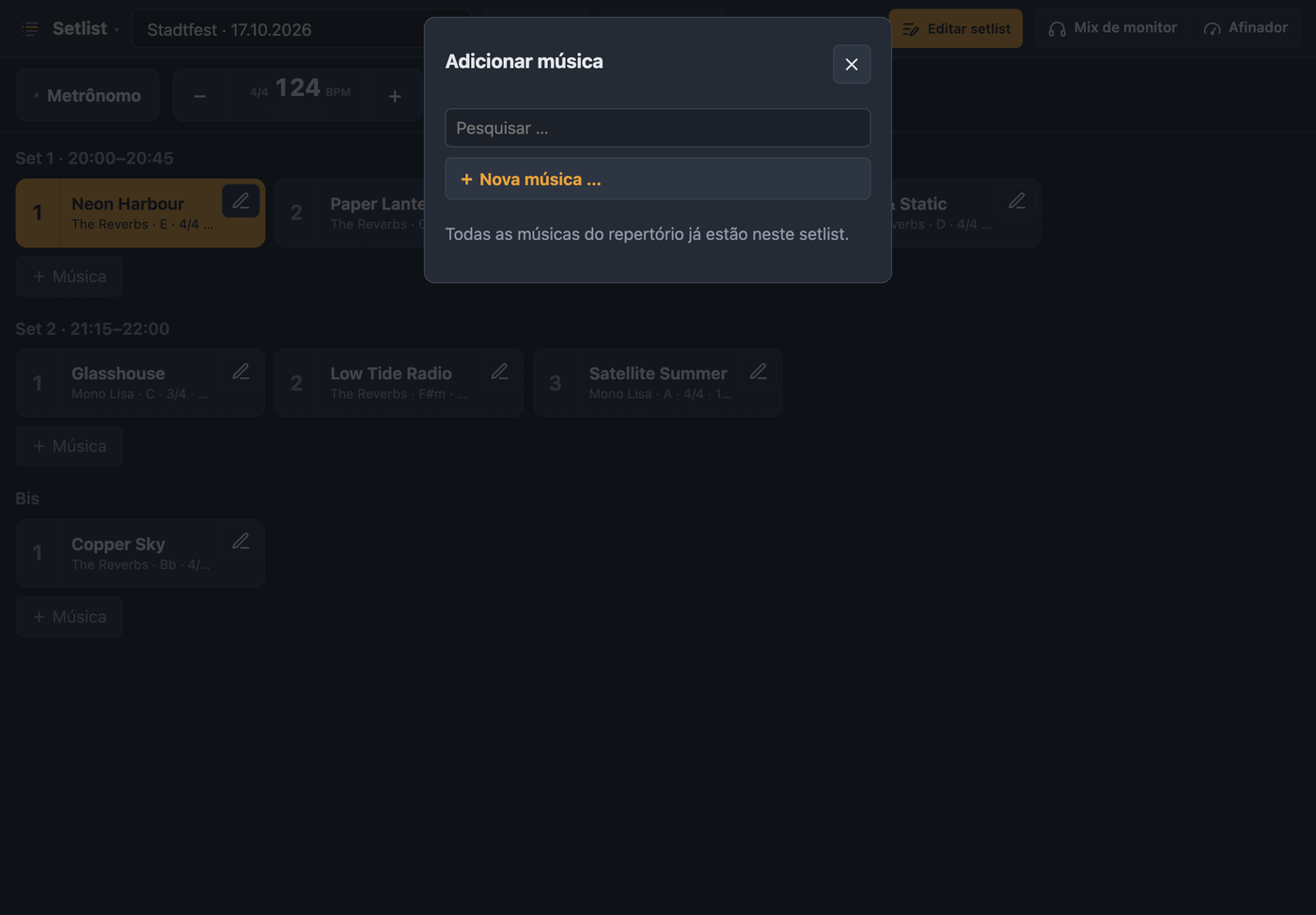 Adicionar música com busca e lista das músicas do repertório