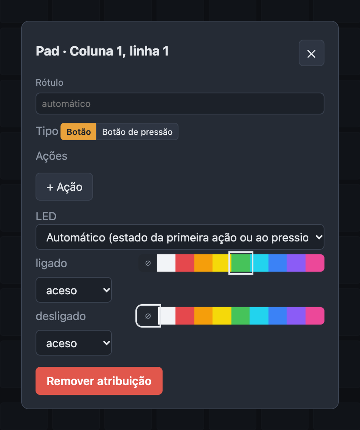Janela para atribuir uma tecla com rótulo, tipo, ações e LED