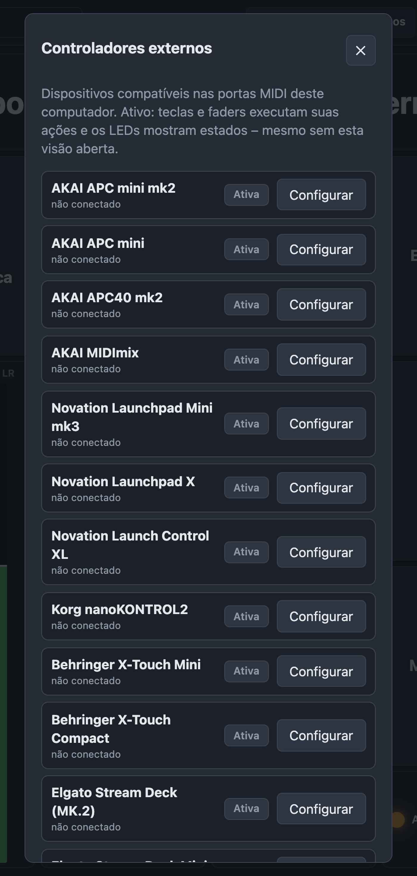 Janela Controladores externos com lista de dispositivos, status, Ativa e Configurar