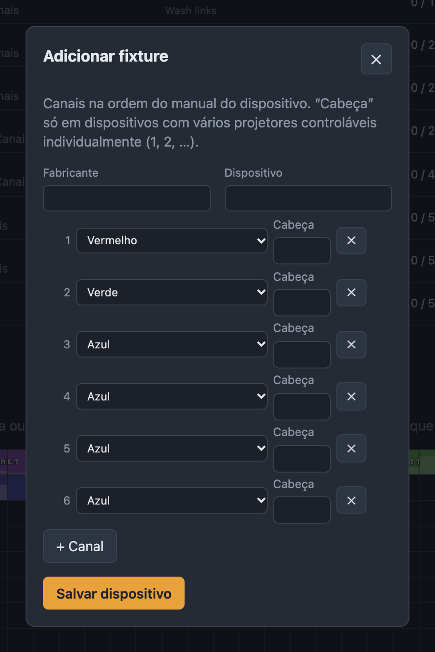 Criar dispositivo próprio com fabricante, dispositivo e lista de canais
