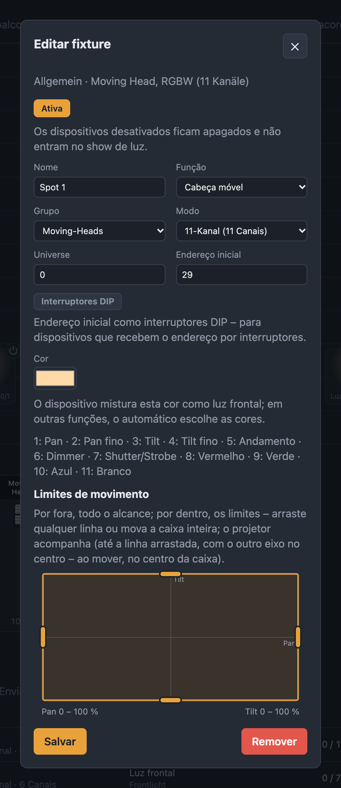 Formulário de uma cabeça móvel com nome, função, grupo, modo, universe, endereço inicial, cor e limites de movimento