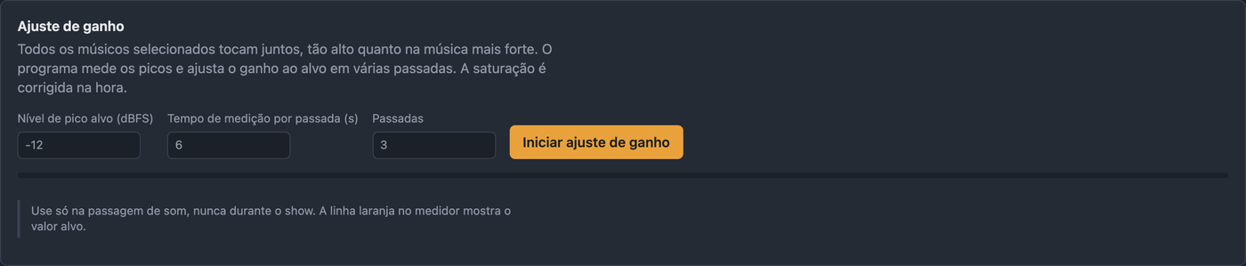 Aba Ajuste de ganho com nível de pico alvo, tempo de medição e passadas
