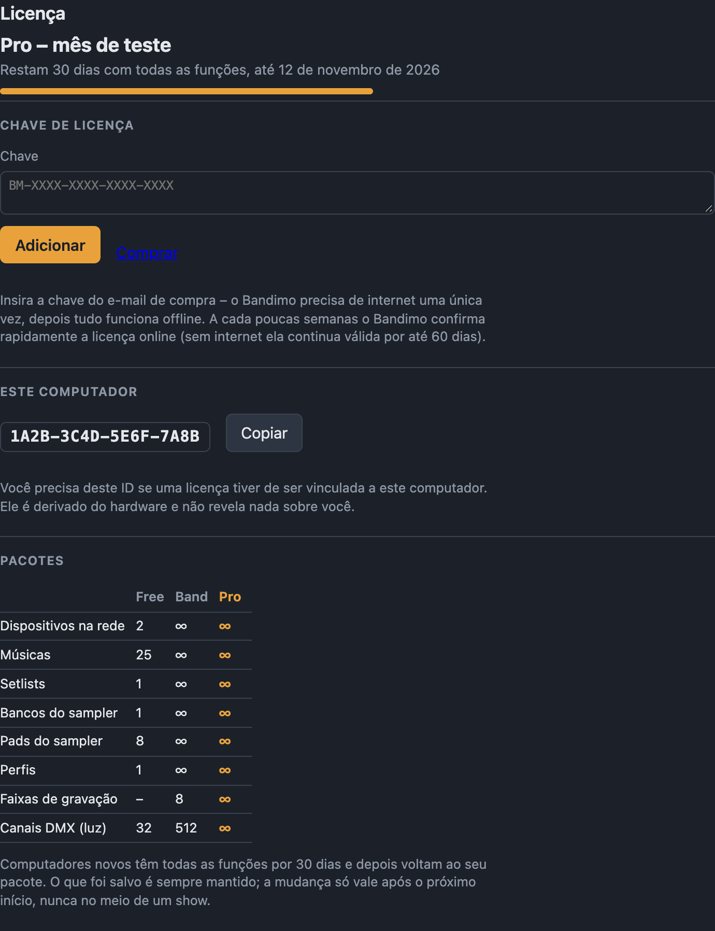 Configurações › Licença com status, campo da chave, identificação do computador e tabela dos pacotes