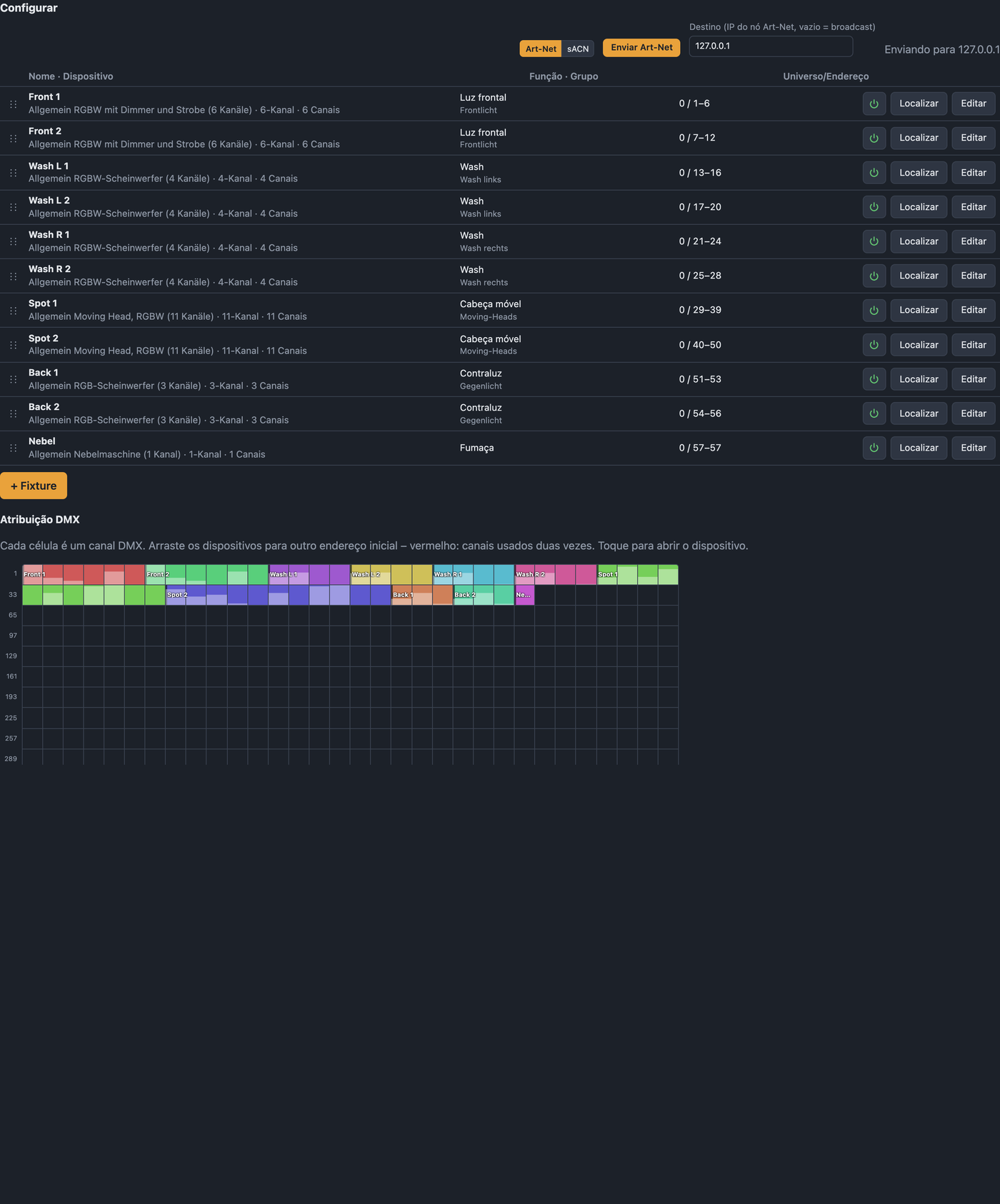 Seção Configurar com Art-Net, lista de dispositivos, atribuição DMX e grupos