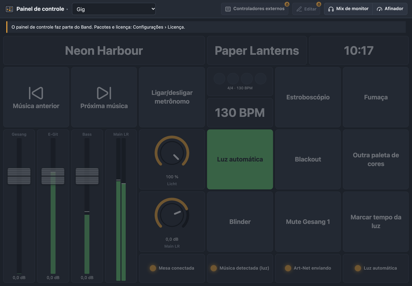 Painel de controle no Free: grade desativada, aviso e cadeado em Editar e Controladores externos