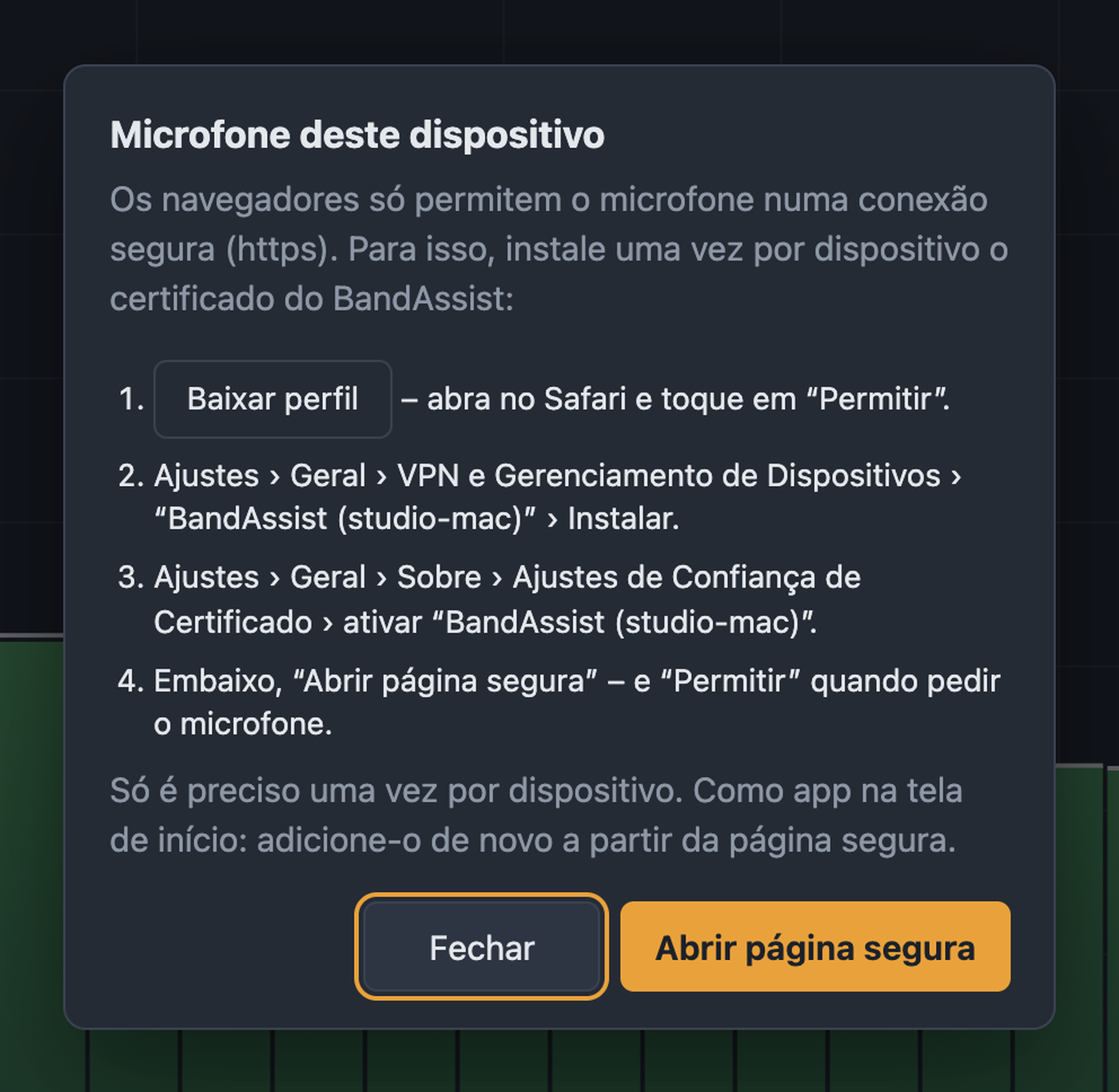Janela Microfone deste dispositivo com os passos para instalar o certificado