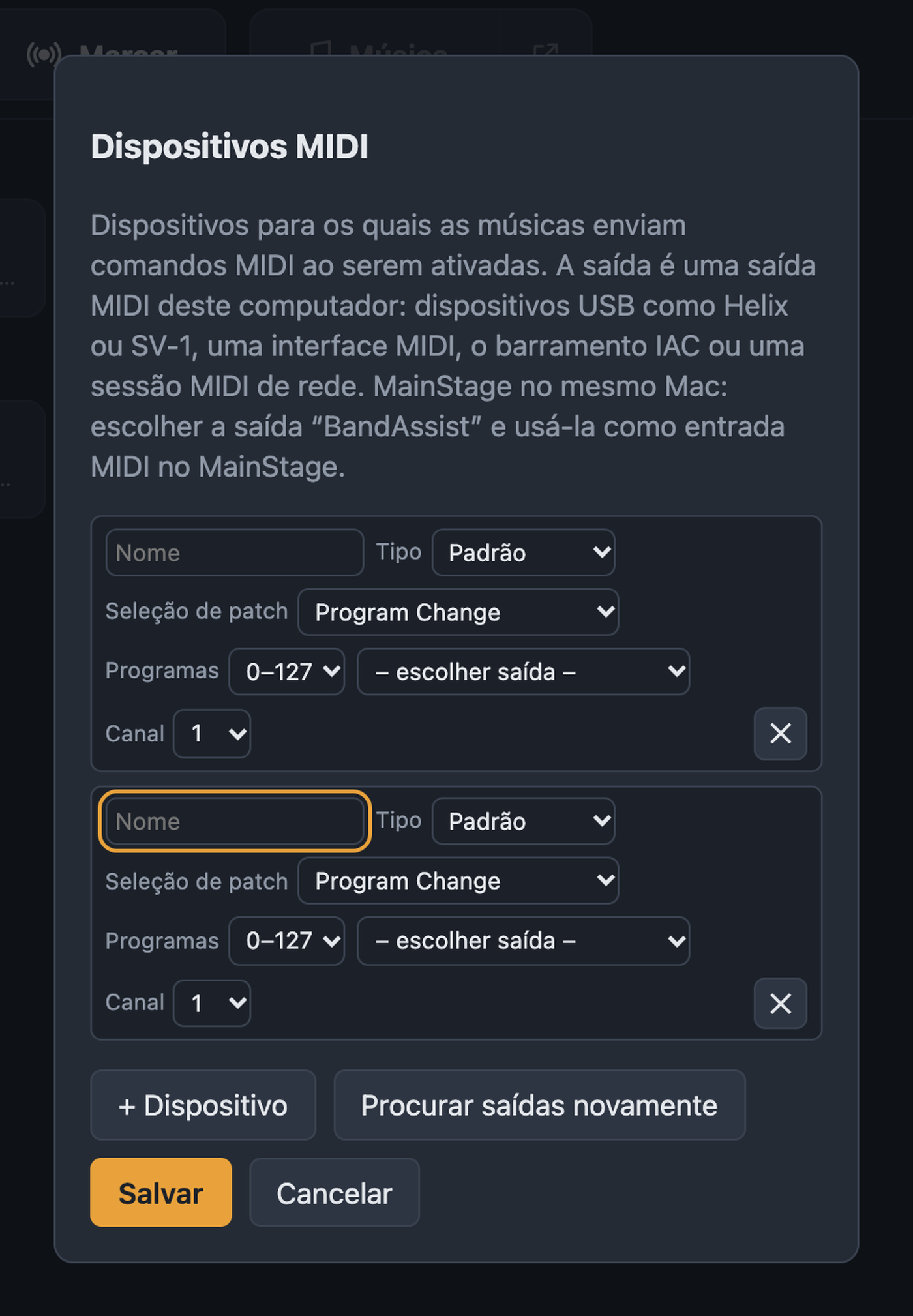 Janela Dispositivos MIDI com nome, tipo, seleção de patch, saída e canal