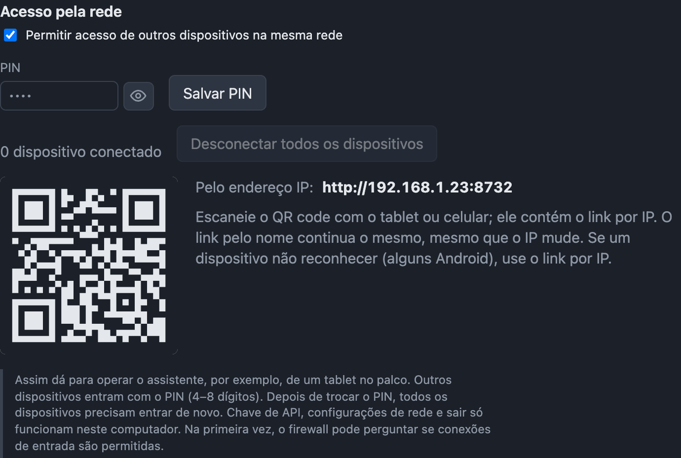 Configurações de rede com acesso, PIN, links e QR code