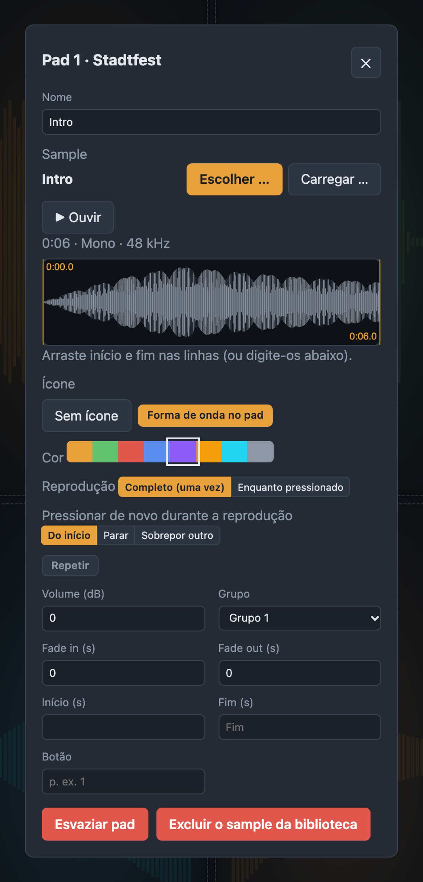 Janela do pad com sample, forma de onda, reprodução, repetição, volume, grupo e tecla