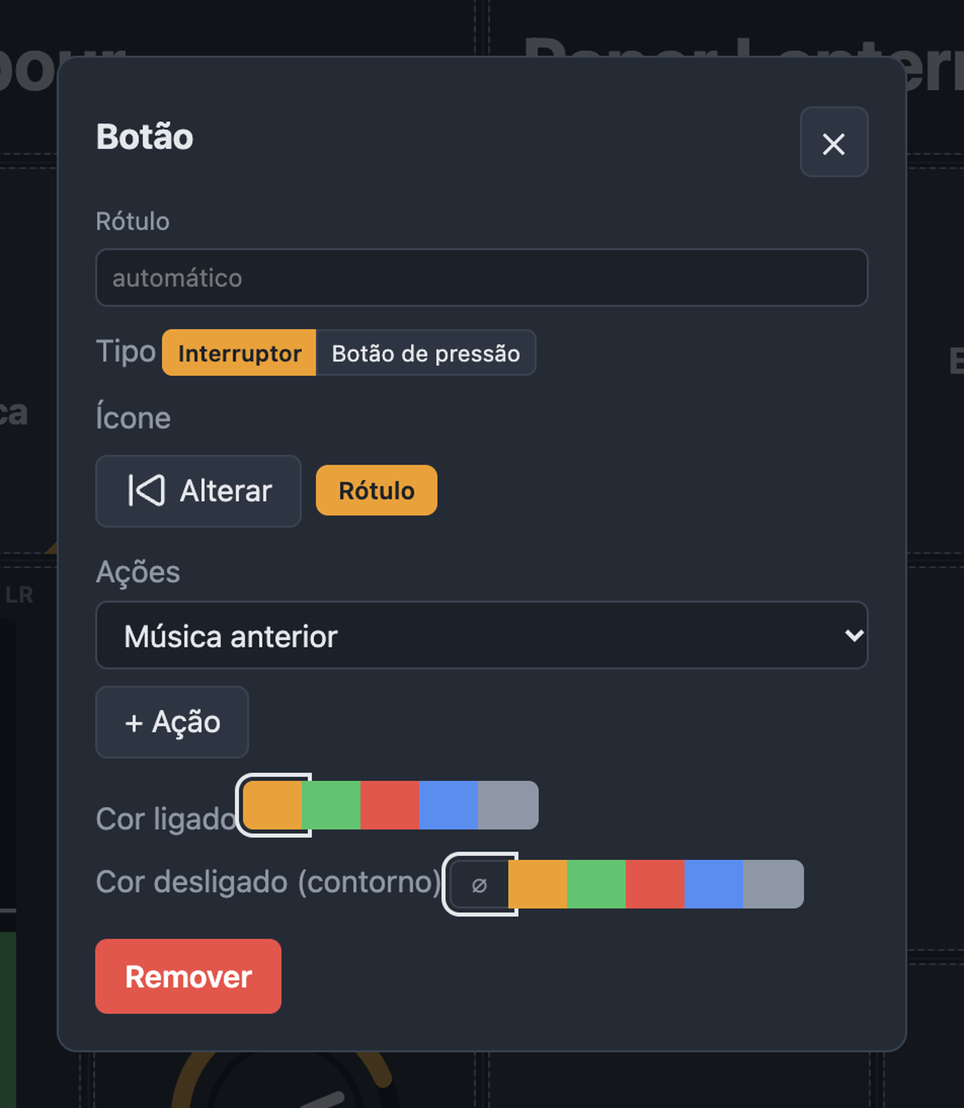 Janela de um elemento com rótulo, tipo, ícone, ações e cores