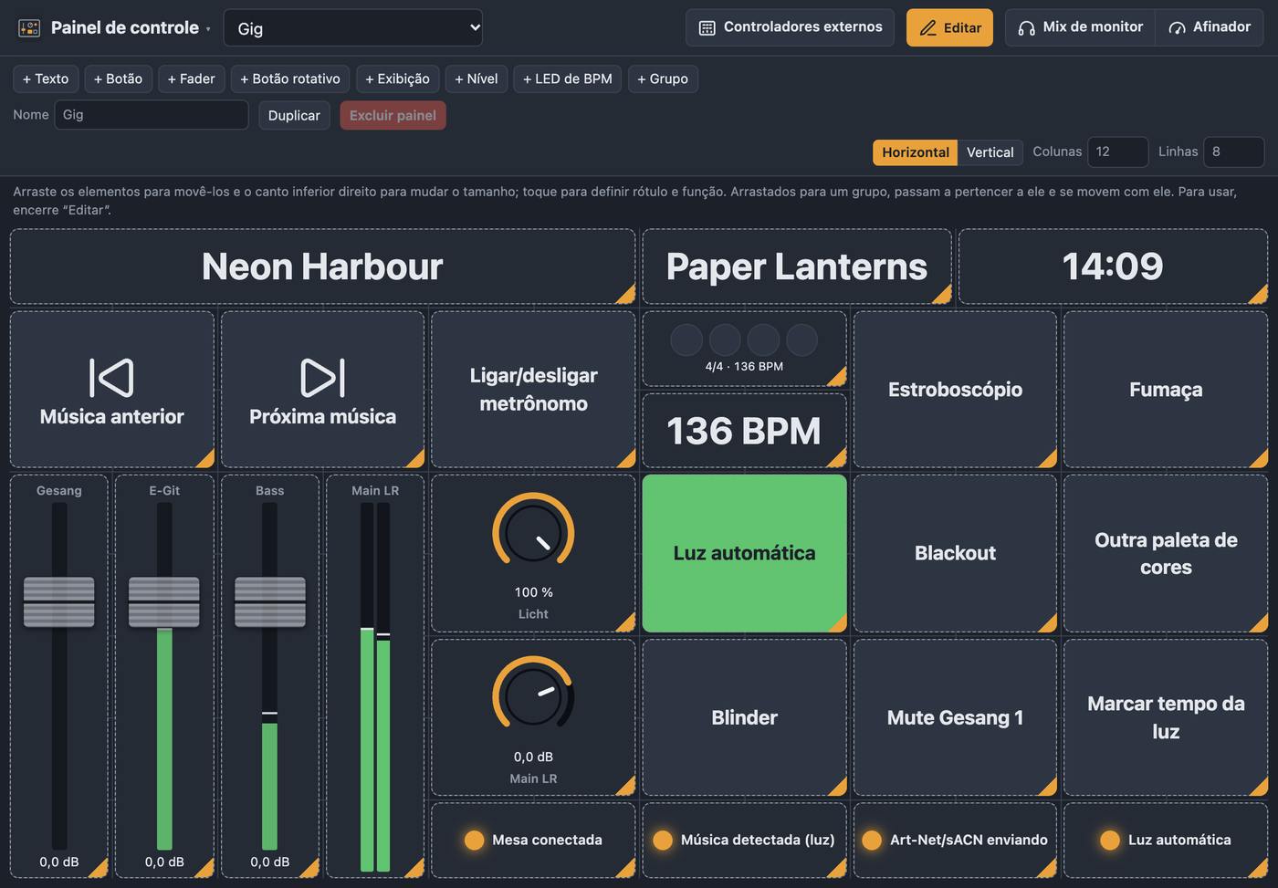 Painel de controle no modo de edição com barra para adicionar elementos