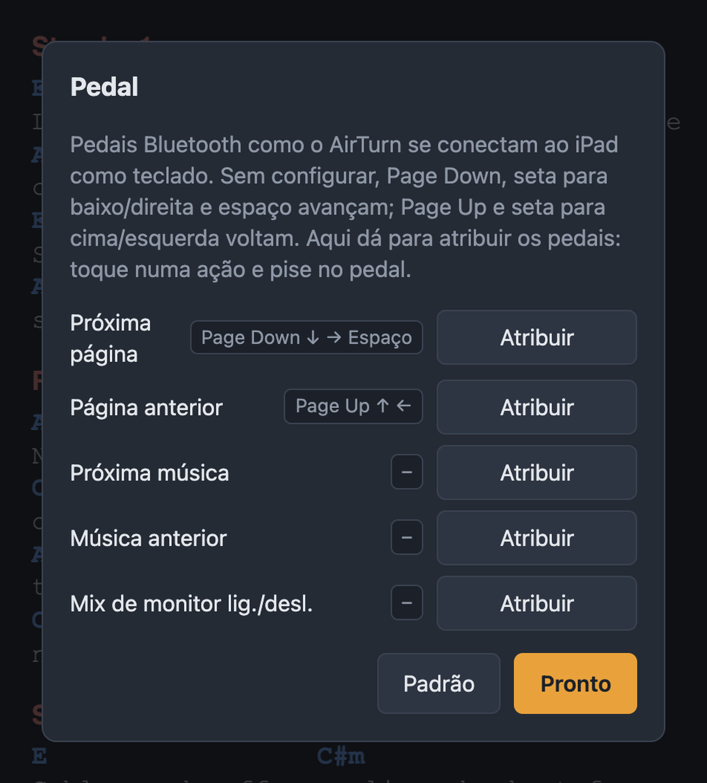 Janela Pedal com atribuição para página, música e mix de monitor