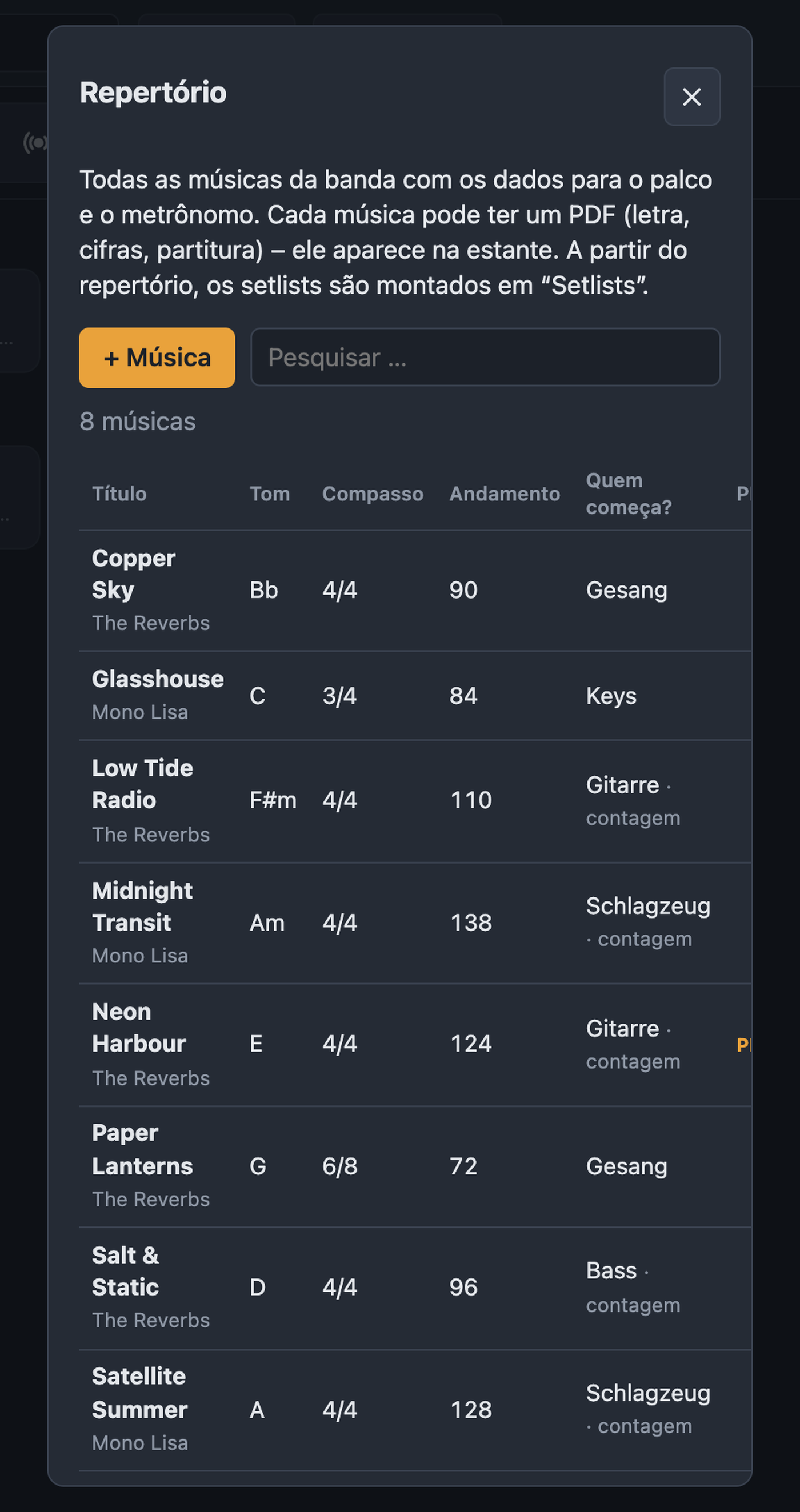 Repertório com todas as músicas, busca e colunas título, tom, compasso, andamento, quem começa, PDF