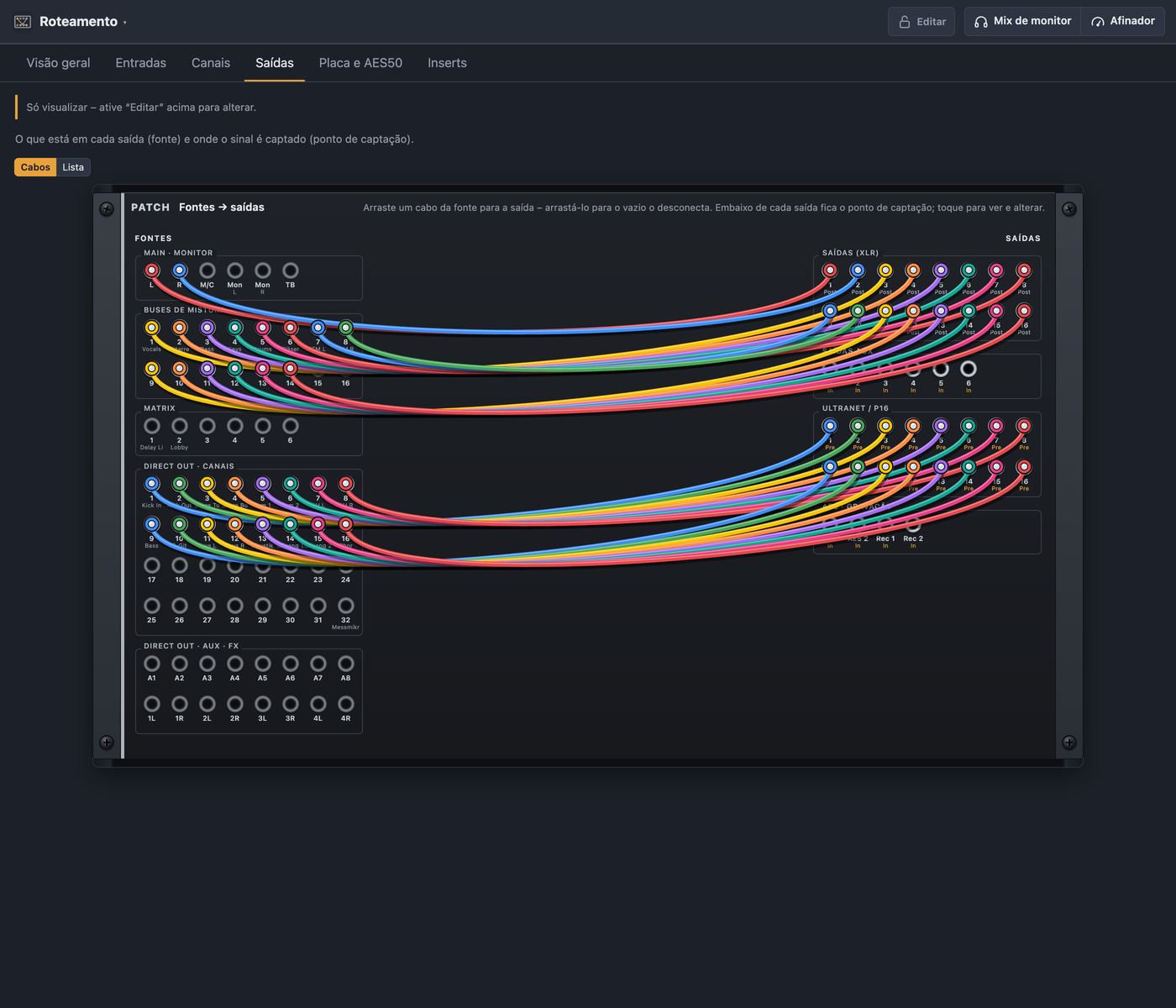 Roteamento › Saídas como patch bay com fontes e saídas