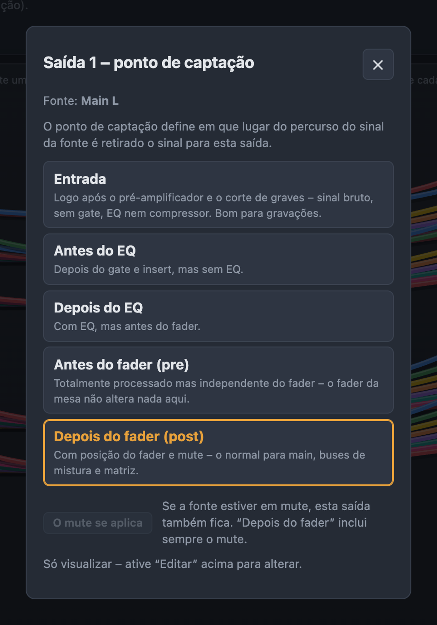 Janela Ponto de captação com explicação de entrada, antes e depois do EQ, antes e depois do fader e O mute se aplica