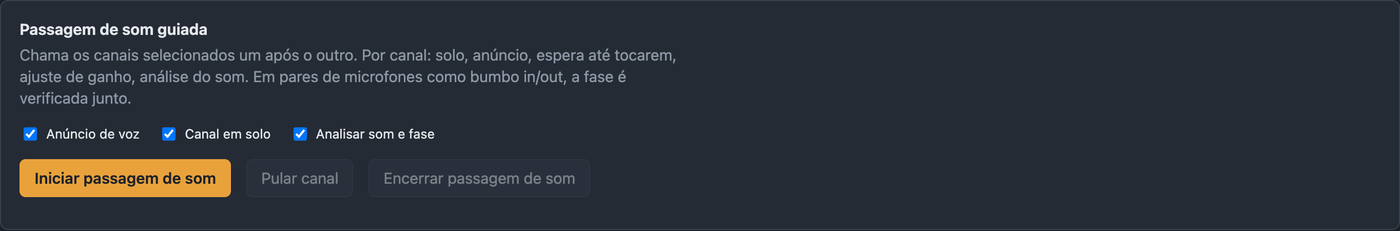 Aba Passagem de som com opções e botão de iniciar