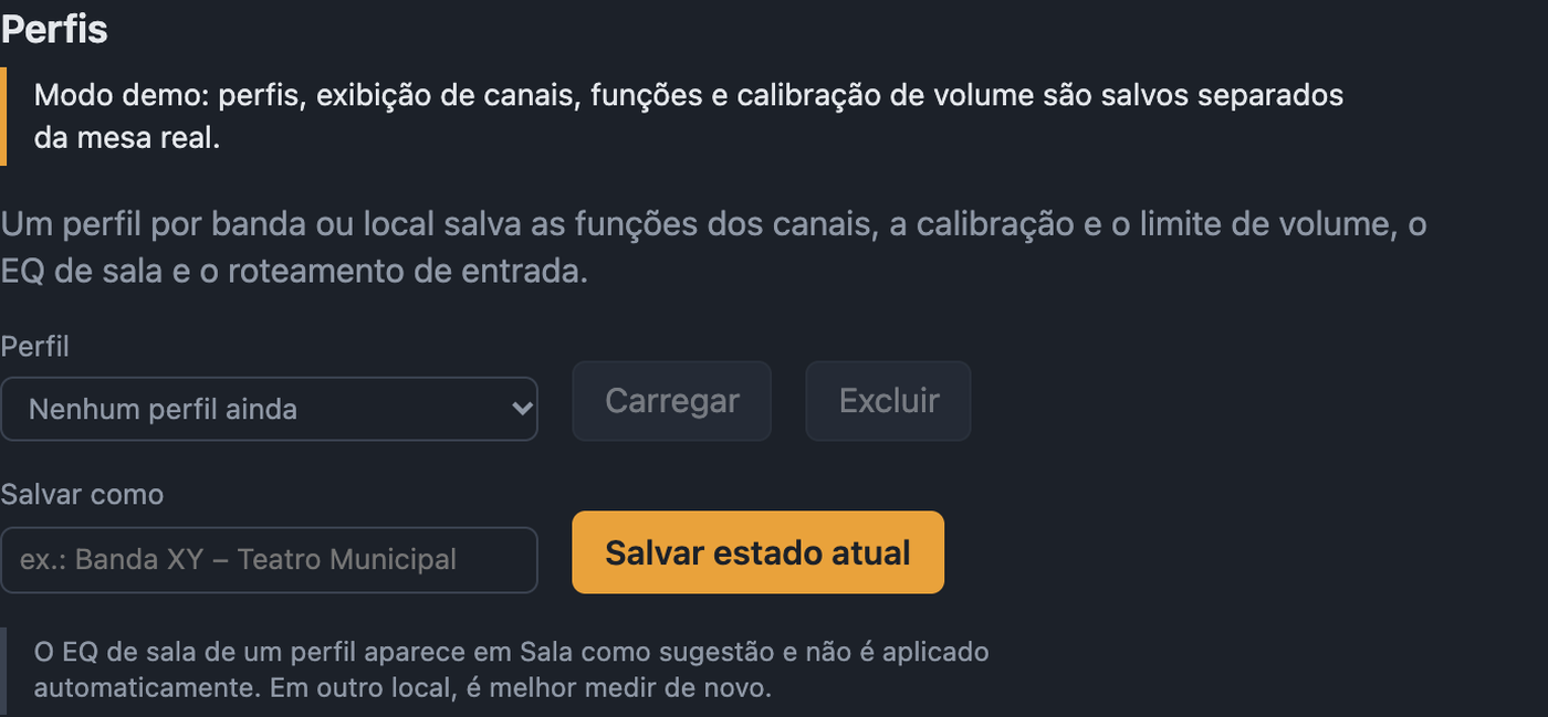 Configurações › Perfis com seleção, Carregar, Excluir e Salvar como