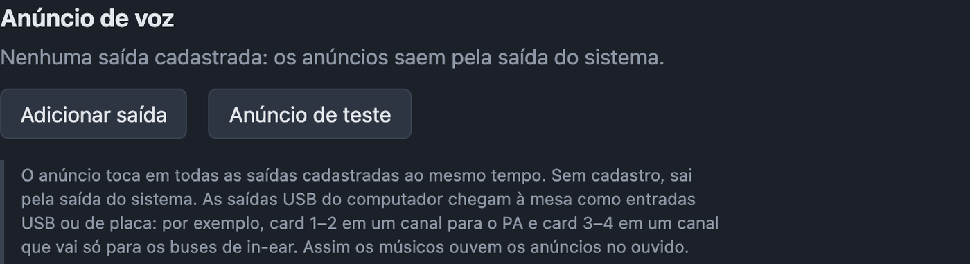 Configurações › Anúncio de voz com saídas e anúncio de teste