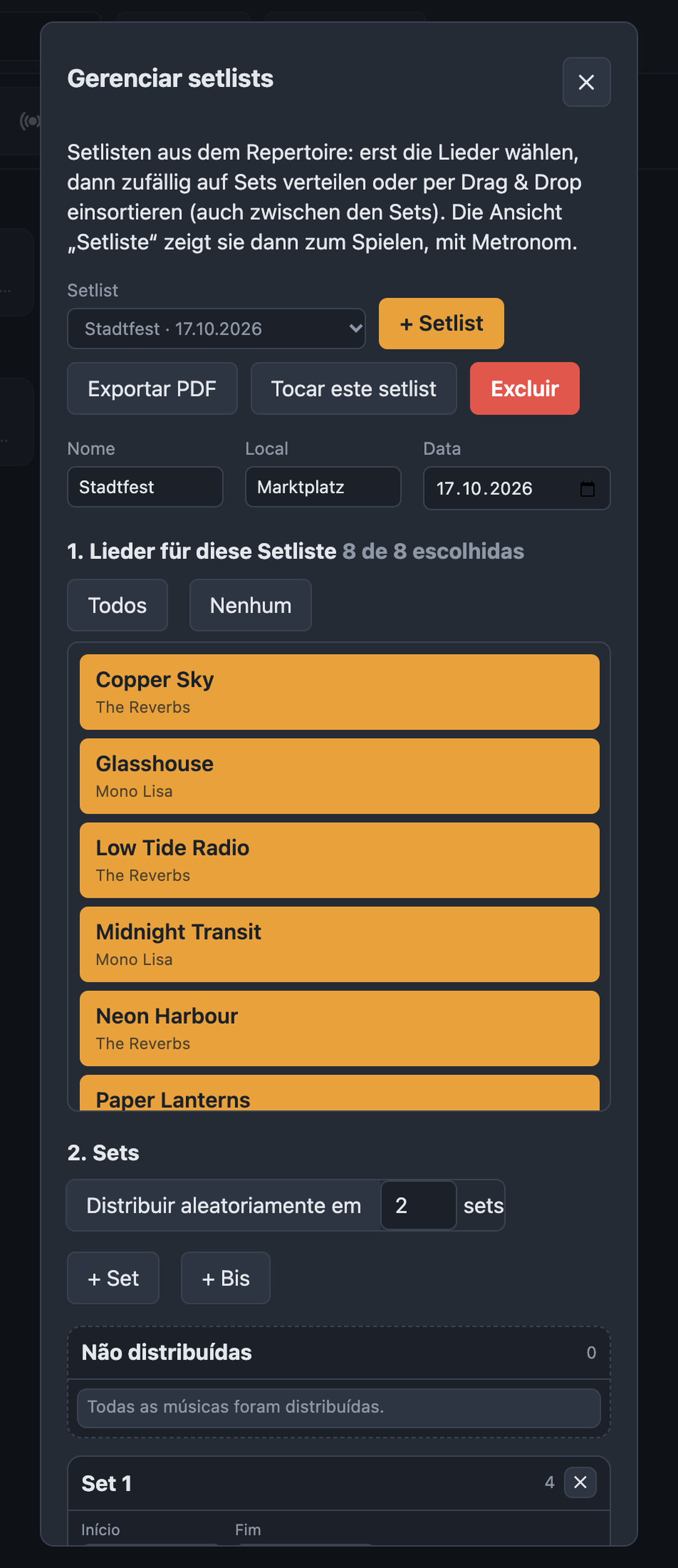 Gerenciar setlists com seleção de músicas, sets e saída do metrônomo