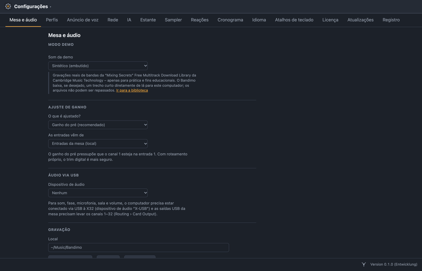 Visão Configurações com a barra de seções
