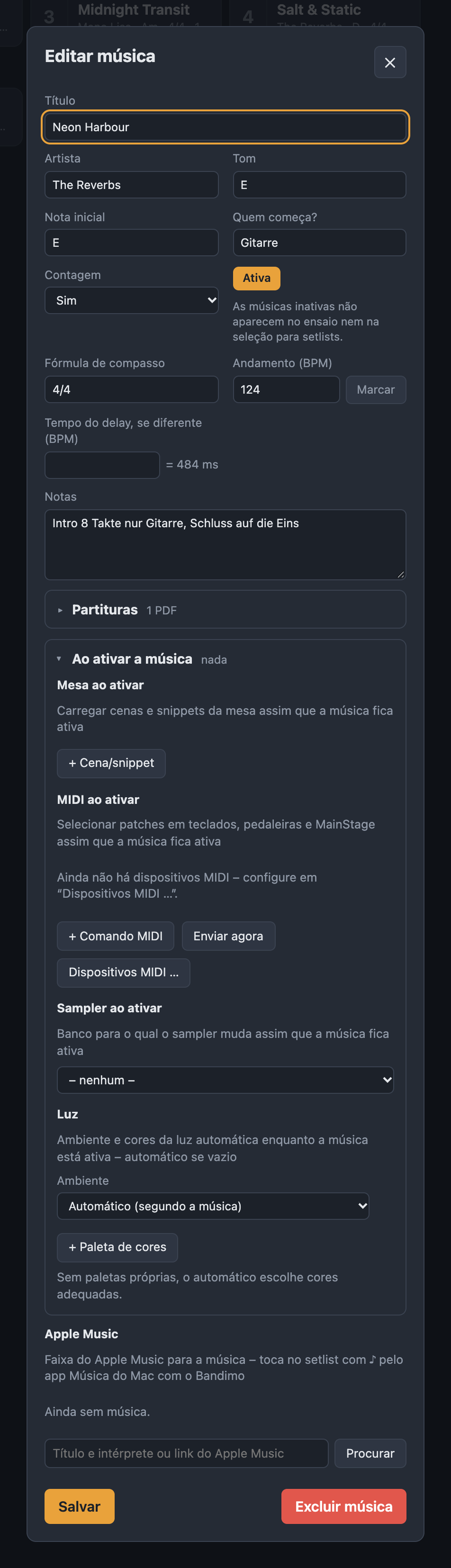 Seção Ao ativar a música com mesa, MIDI, sampler, luz e Apple Music