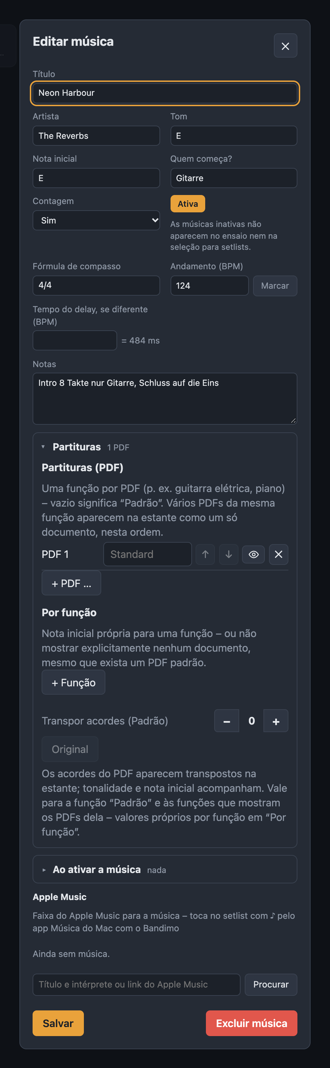 Janela Editar música com título, artista, tom, andamento e seção Partituras