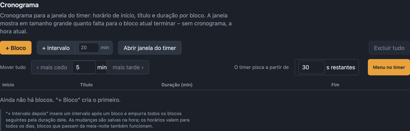 Configurações Cronograma com blocos, intervalos e ajustes